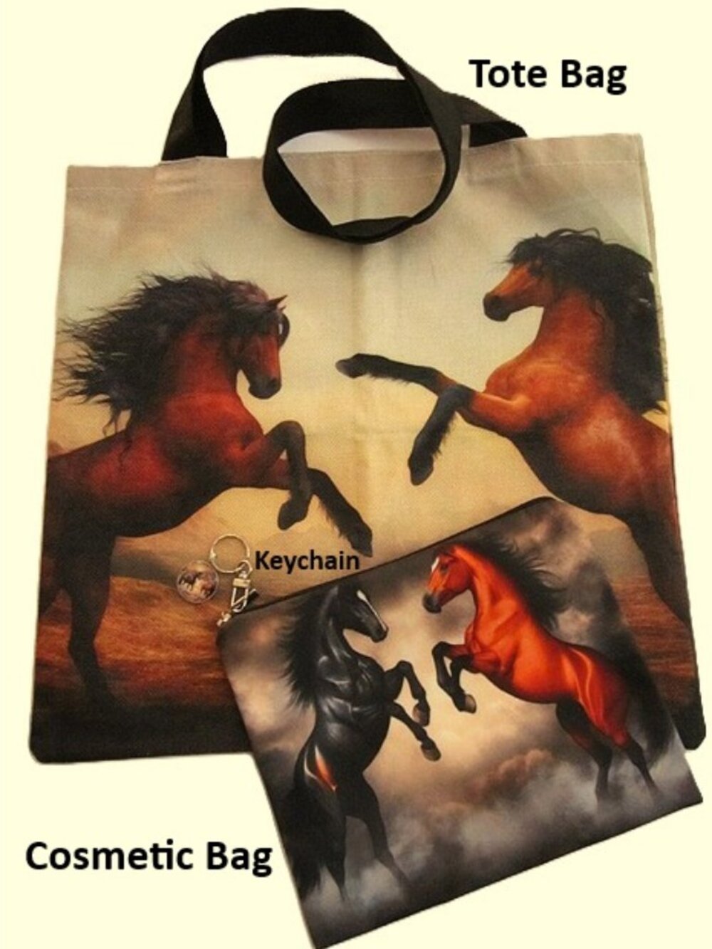 Horses Tote Bag, Cosmetic Bag & Keychain Western NEW